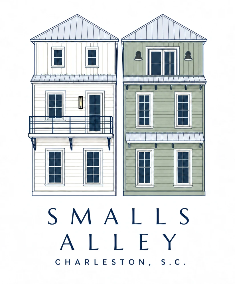 Smalls Alley logo: two Charleston homes side by side, Smalls Alley, Charleston S.C.
