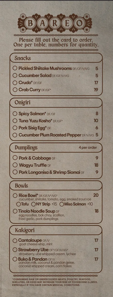 Bareo dinner menu
