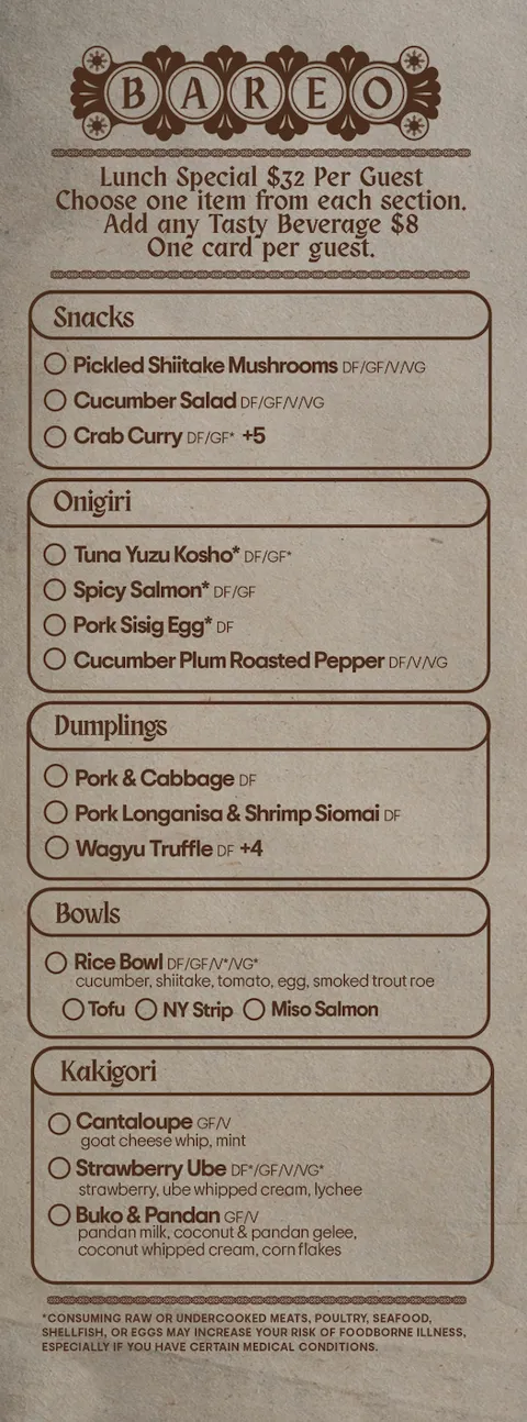 Bareo lunch special menu