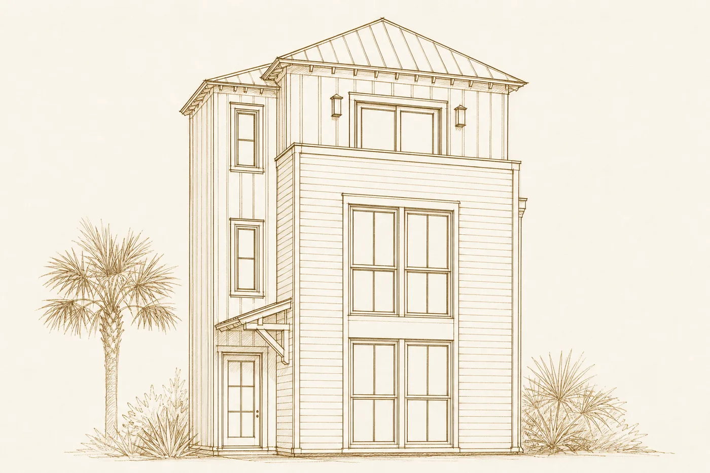 Artist's impression of The Cannon Residence: a three story Charleston home with a private pool and outdoor kitchen pergola
