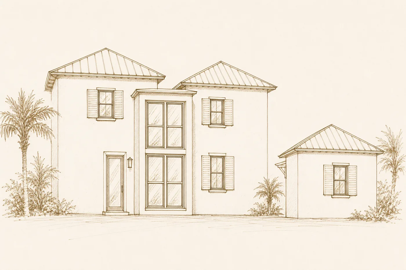 Artist's impression of The Lewis Residence: a main house and pool house gathered around the largest pool on property