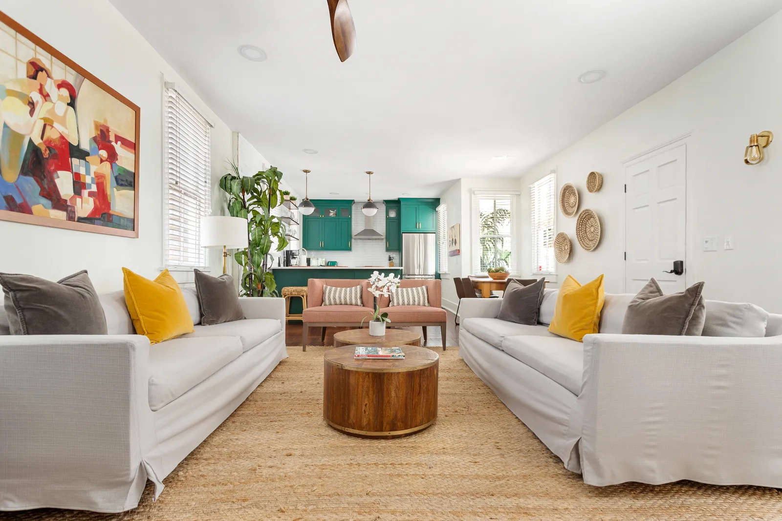 The open floor plan of The Mint Julep Residence, looking from the living room into the kitchen